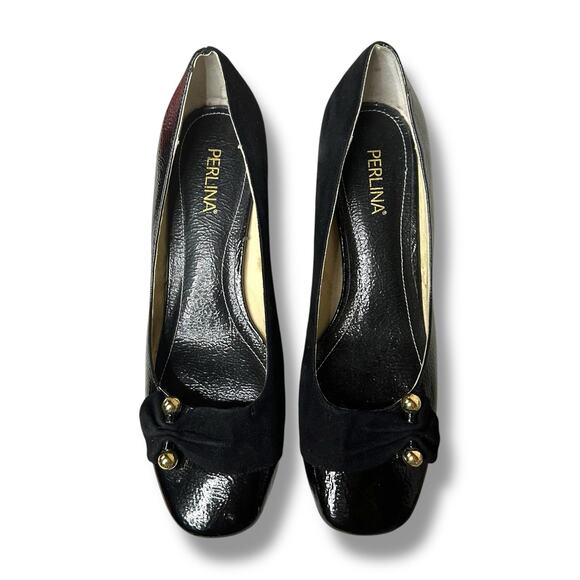 Perlina Pumps Peaches Low Block Heel Gold Details Suede and Patent Leather 9.5M - Picture 3 of 16